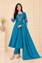 Elegant Teal Blue Embroidered Viscose Marina Silk Suit Set