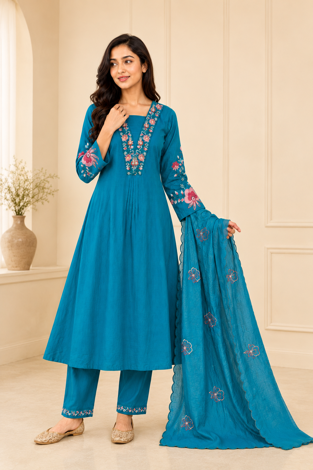 Elegant Teal Blue Embroidered Viscose Marina Silk Suit Set
