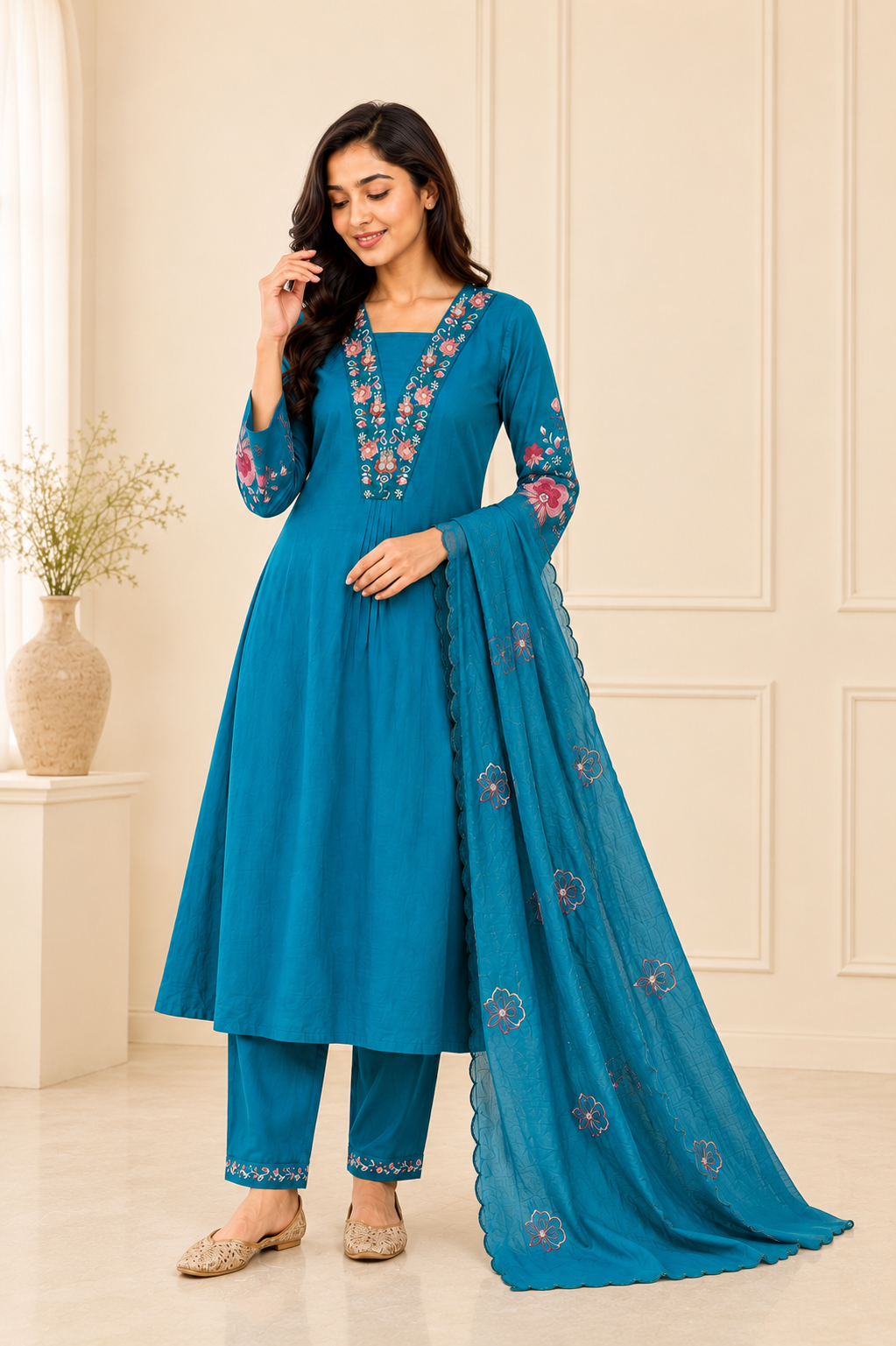 Elegant Teal Blue Embroidered Viscose Marina Silk Suit Set