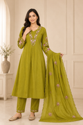 Graceful Olive Green Embroidered Viscose Marina Silk Suit Set
