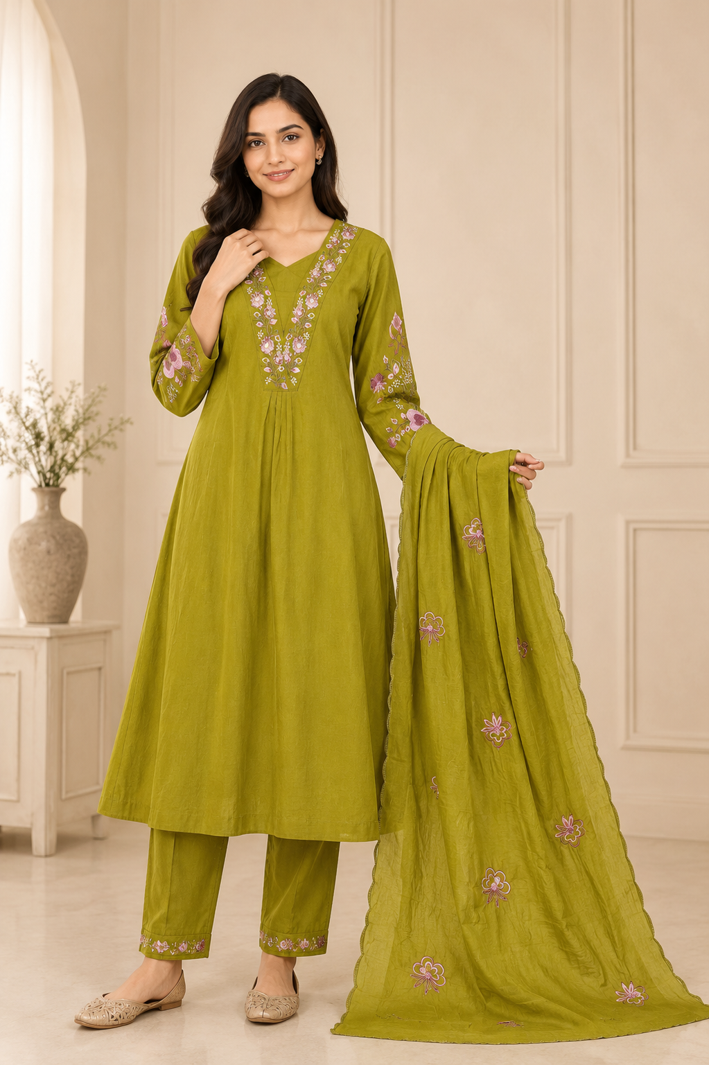 Graceful Olive Green Embroidered Viscose Marina Silk Suit Set