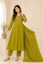 Graceful Olive Green Embroidered Viscose Marina Silk Suit Set