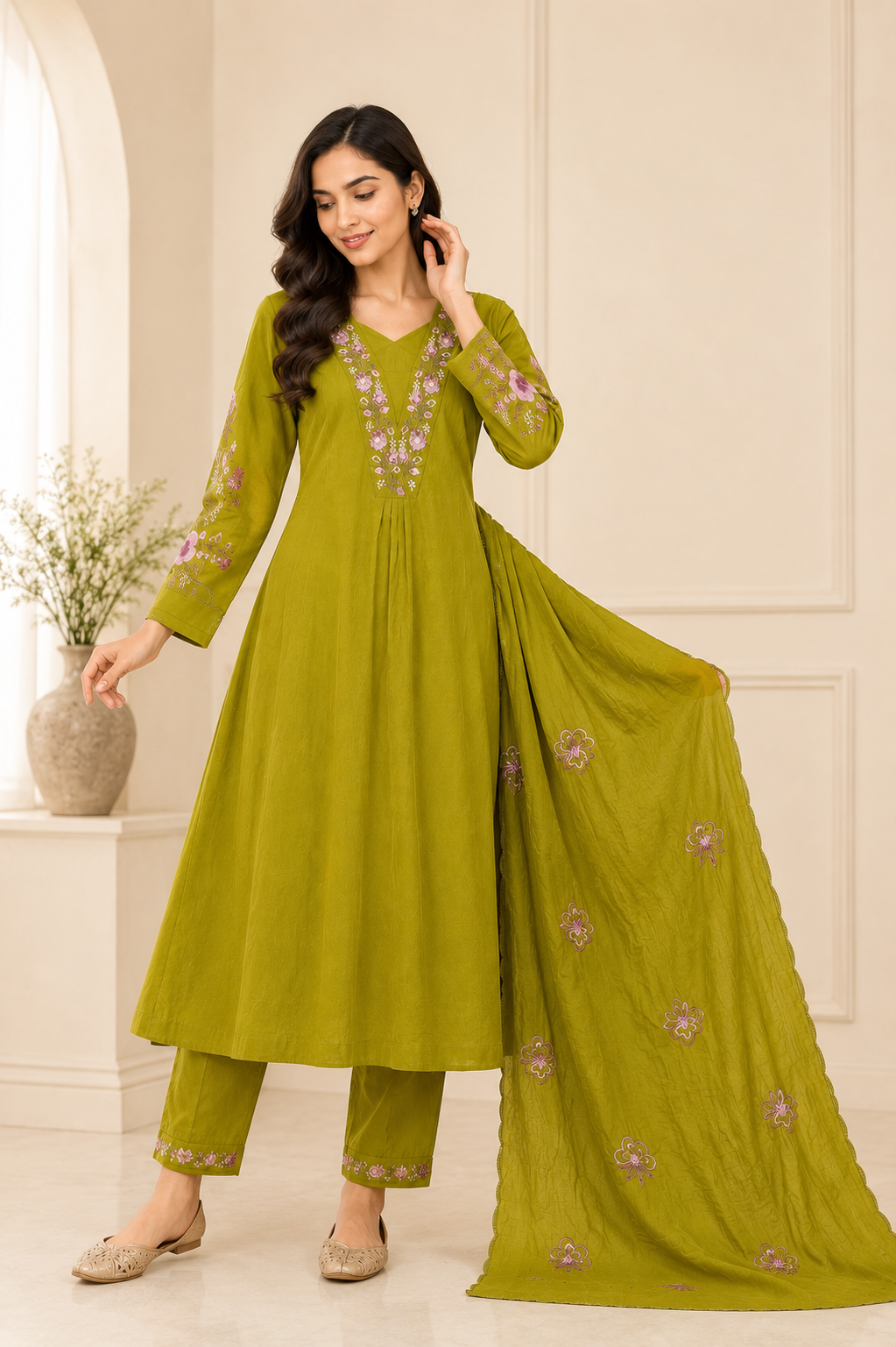 Graceful Olive Green Embroidered Viscose Marina Silk Suit Set