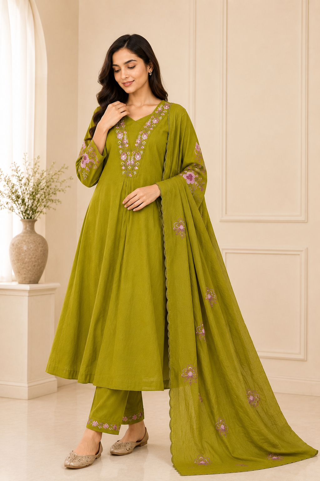 Graceful Olive Green Embroidered Viscose Marina Silk Suit Set