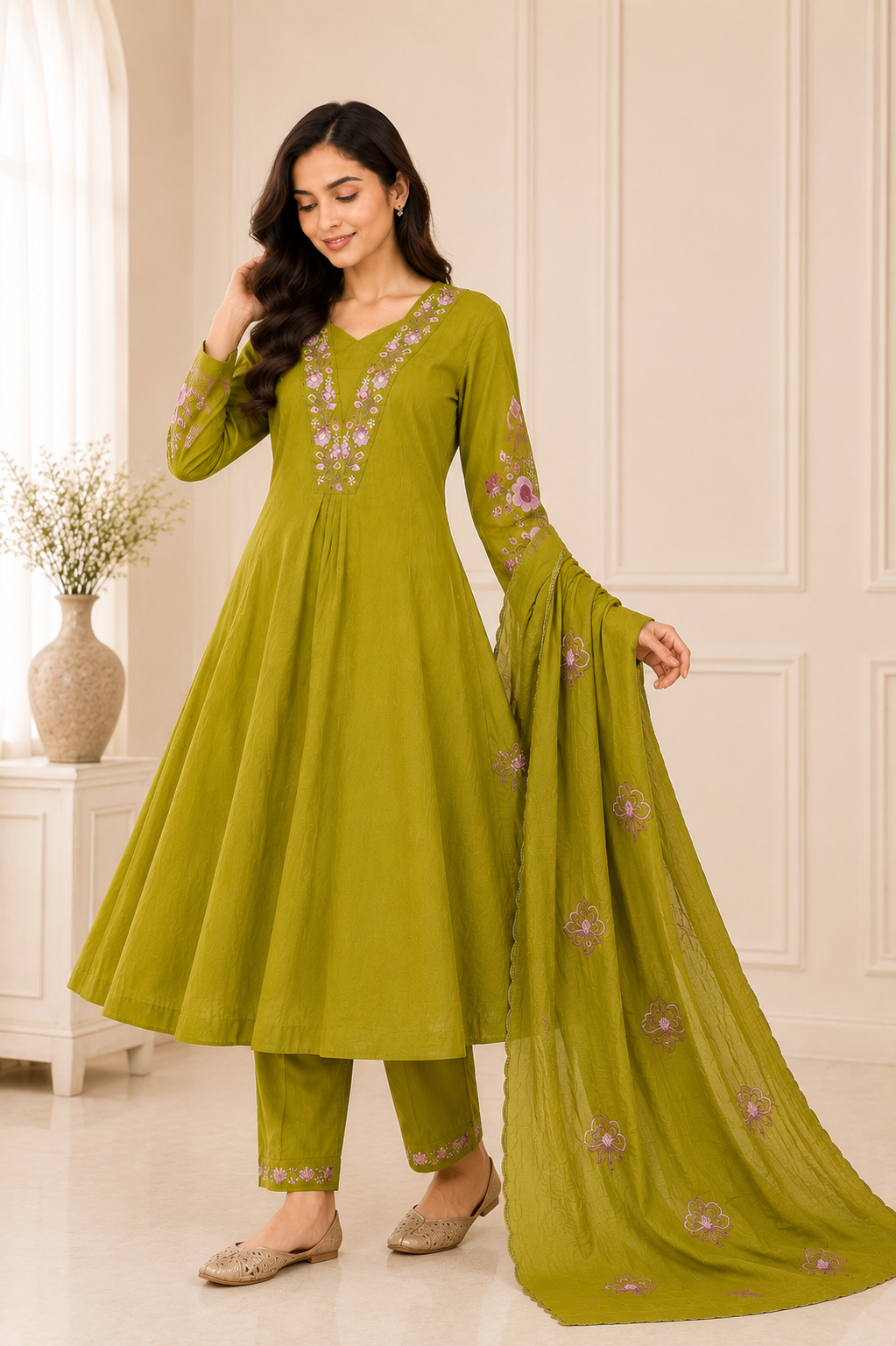 Graceful Olive Green Embroidered Viscose Marina Silk Suit Set
