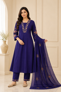 Premium Royal Purple Embroidered Viscose Marina Silk Suit Set