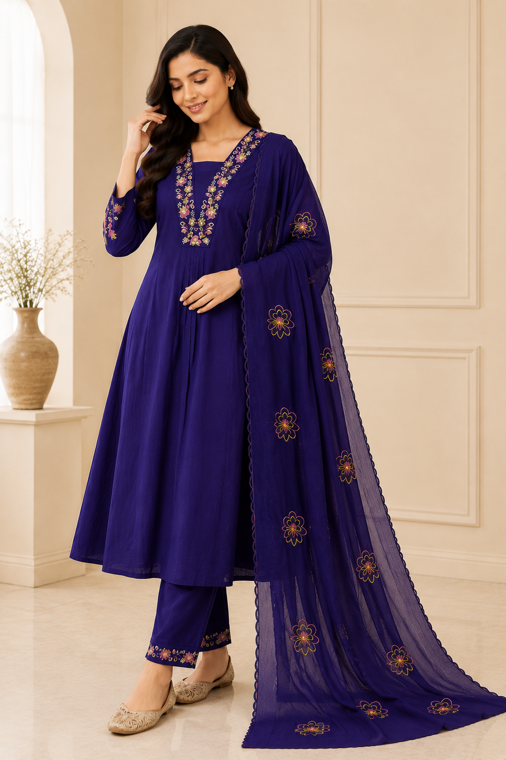 Premium Royal Purple Embroidered Viscose Marina Silk Suit Set