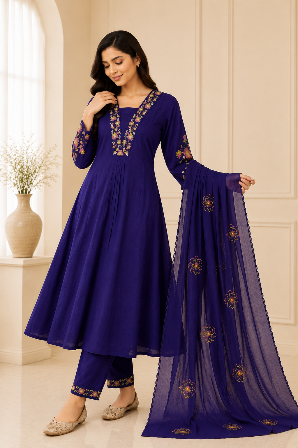 Premium Royal Purple Embroidered Viscose Marina Silk Suit Set