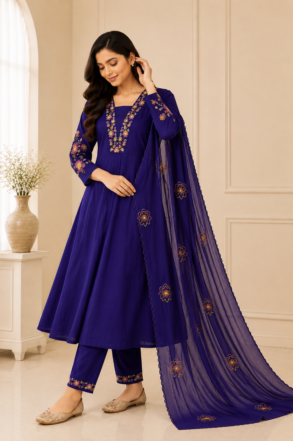 Premium Royal Purple Embroidered Viscose Marina Silk Suit Set