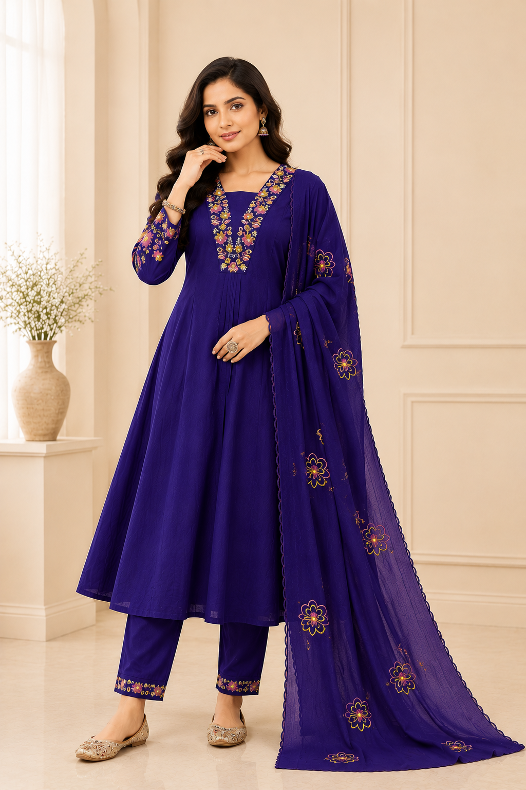 Premium Royal Purple Embroidered Viscose Marina Silk Suit Set