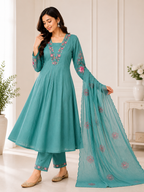 Attractive Sea Green Embroidered Viscose Marina Silk Suit Set