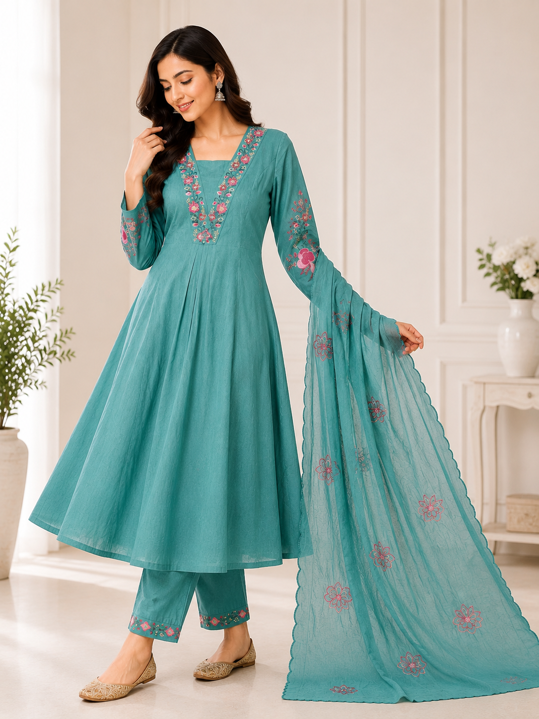 Attractive Sea Green Embroidered Viscose Marina Silk Suit Set