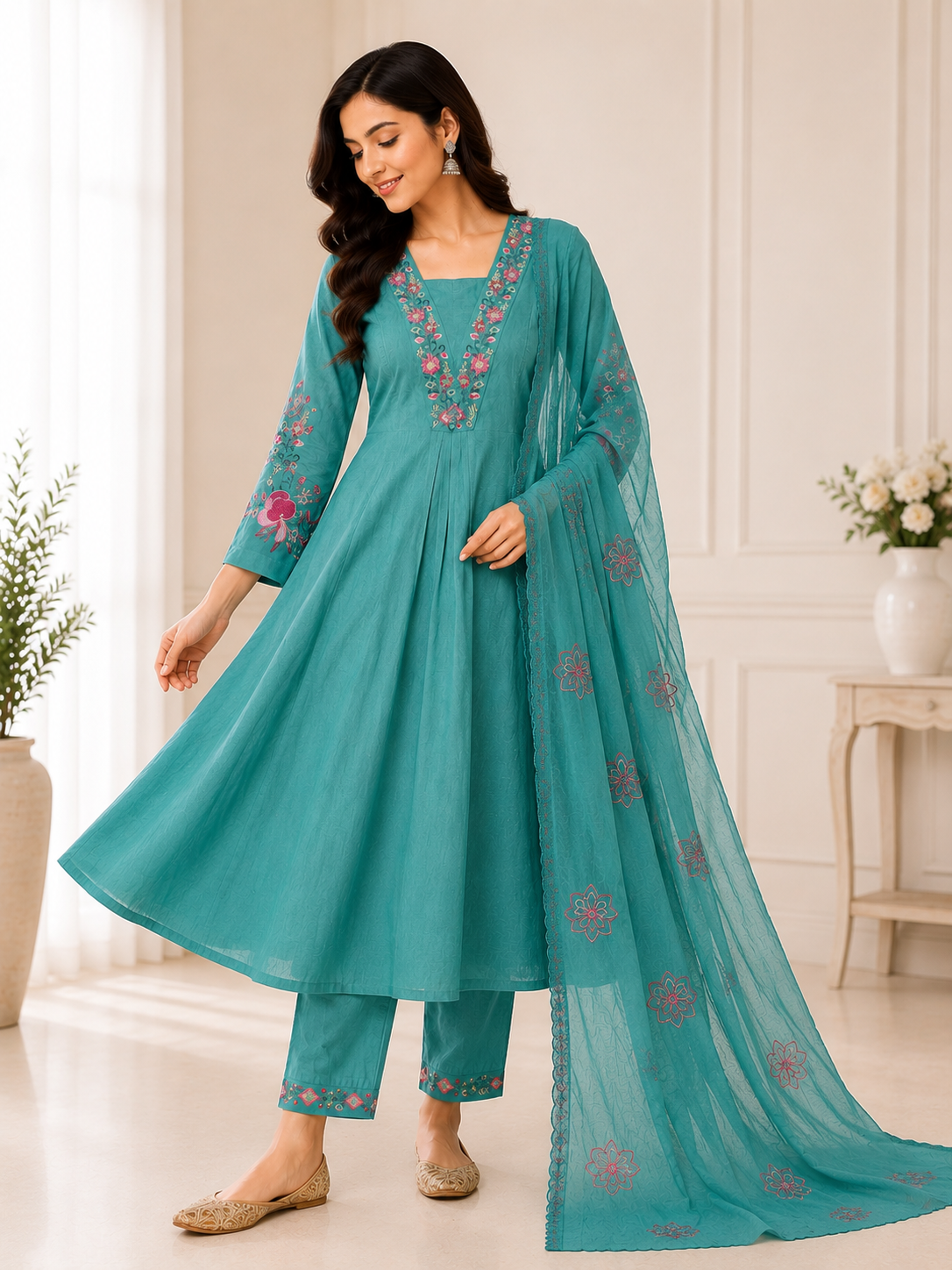 Attractive Sea Green Embroidered Viscose Marina Silk Suit Set