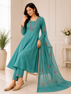 Attractive Sea Green Embroidered Viscose Marina Silk Suit Set