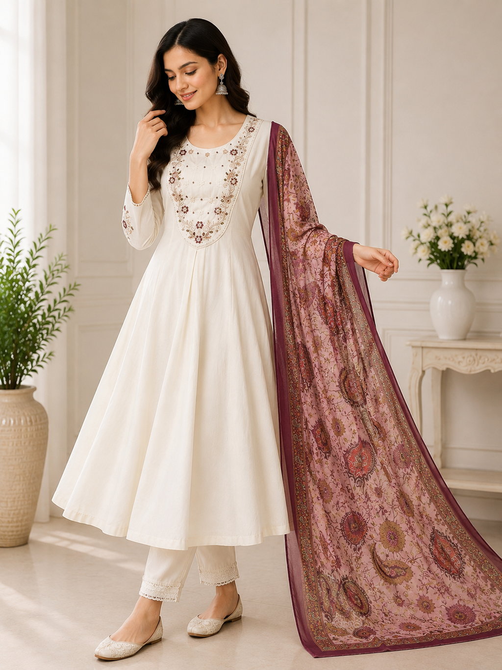 Elegant Off-White Premium Marina Silk Embroidered Kurti Pant Dupatta Set