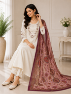 Elegant Off-White Premium Marina Silk Embroidered Kurti Pant Dupatta Set