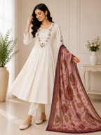 Elegant Off-White Premium Marina Silk Embroidered Kurti Pant Dupatta Set
