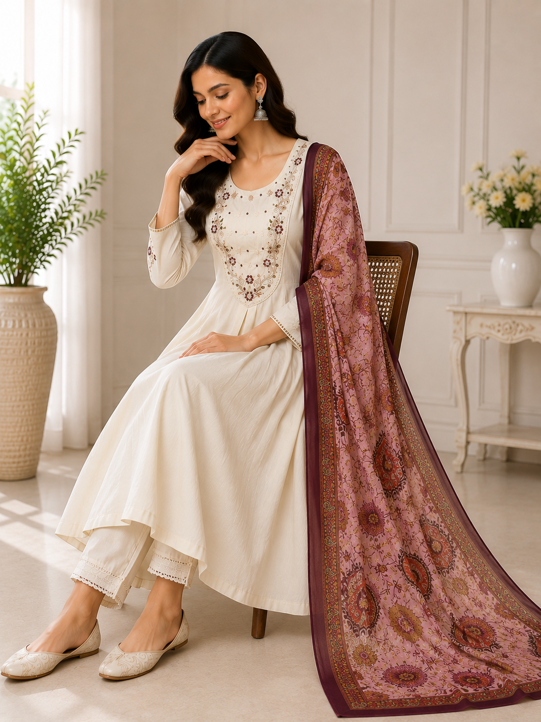 Elegant Off-White Premium Marina Silk Embroidered Kurti Pant Dupatta Set