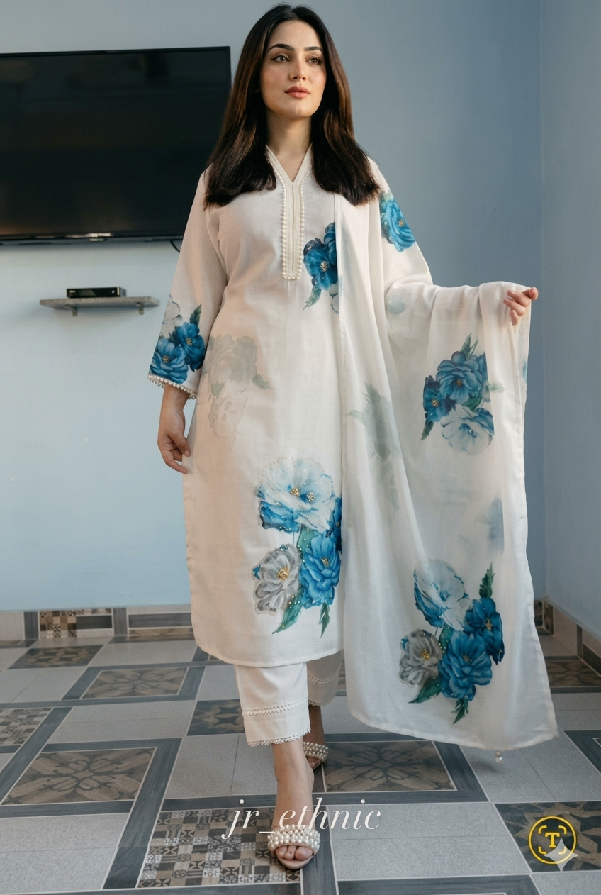Elegant White Floral Printed Linen Cotton Suit Set with Dupatta