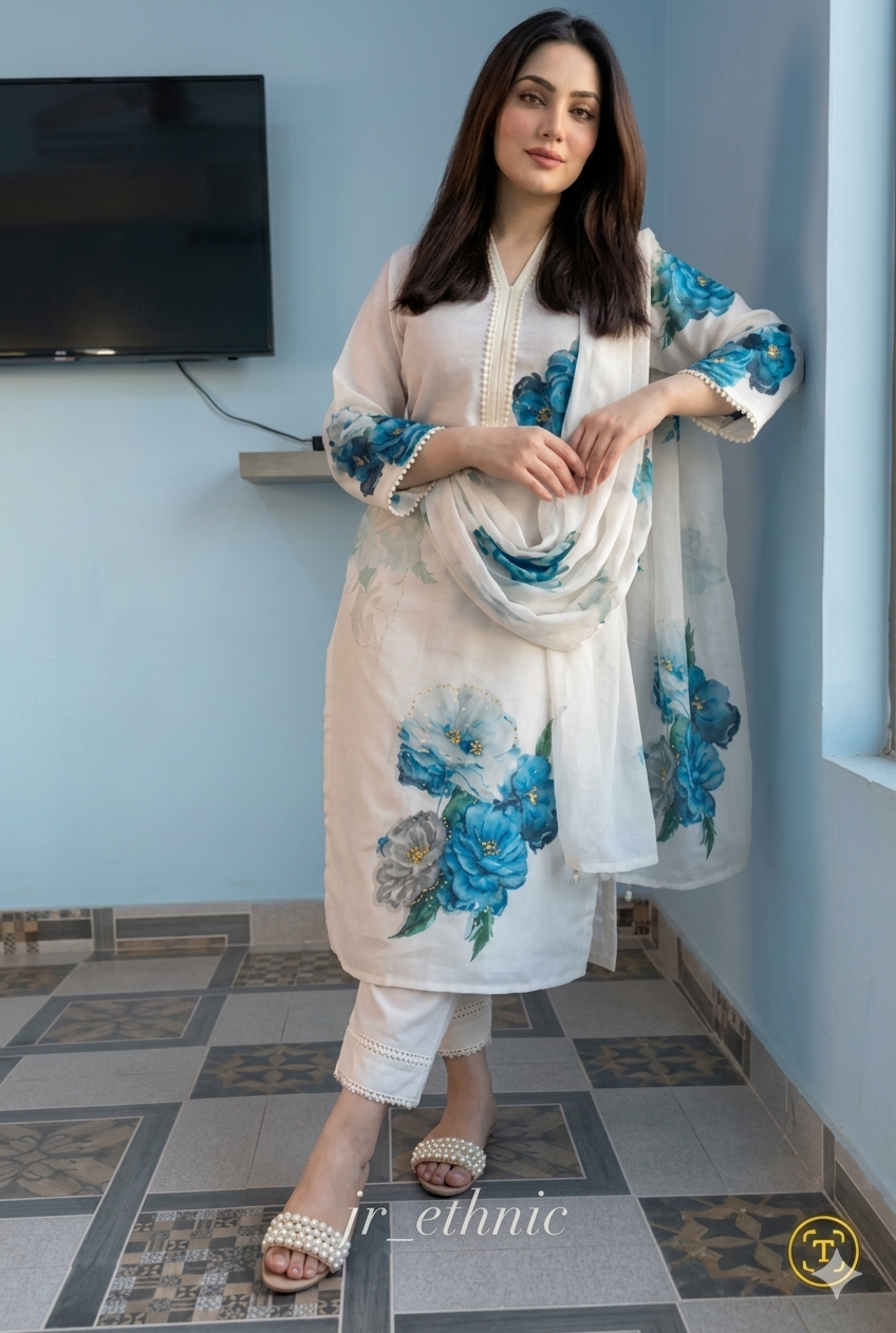 Elegant White Floral Printed Linen Cotton Suit Set with Dupatta