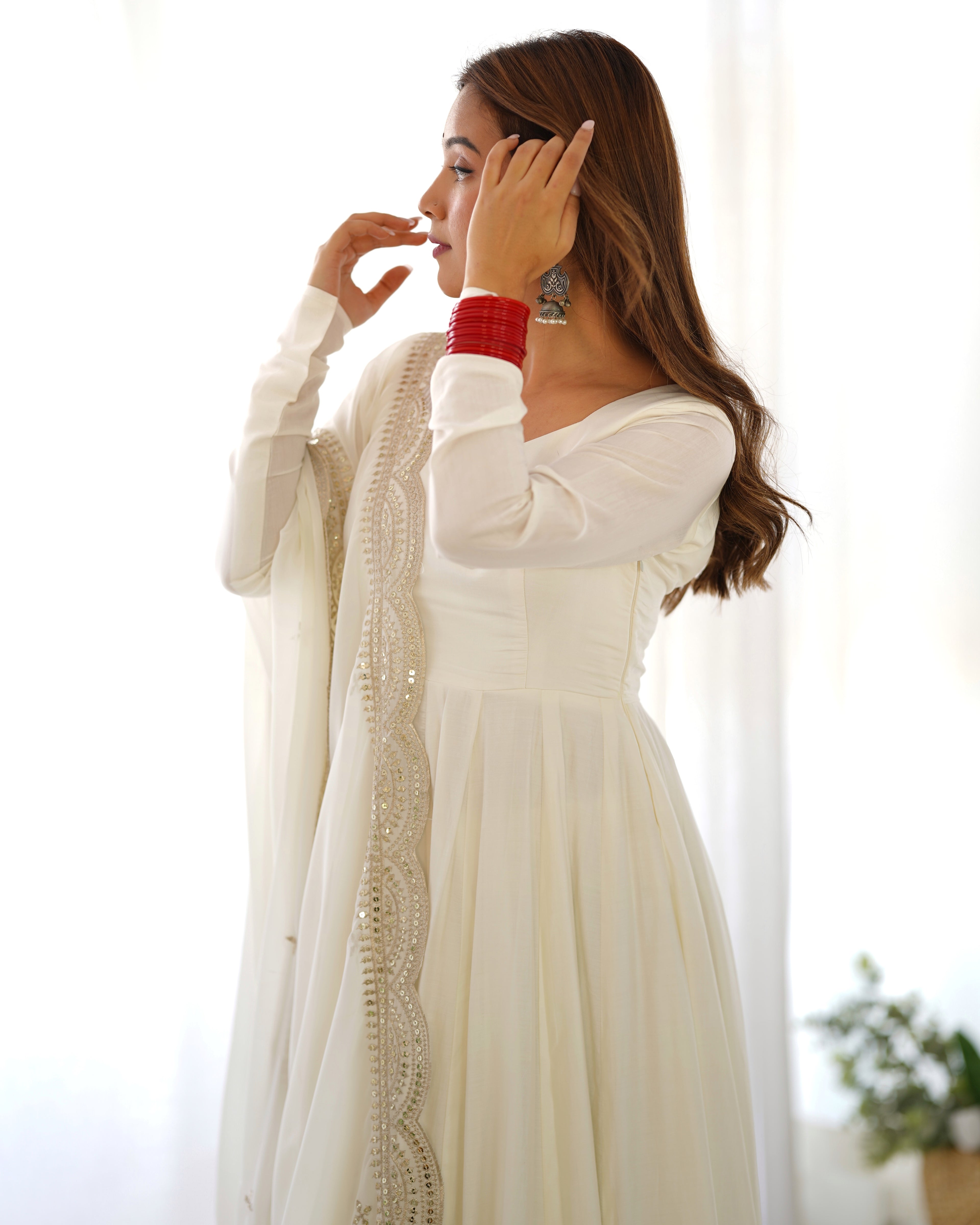 Snow White Luxury Ethnic Outfit with Elegant Flowy Silhouette and Dupatta