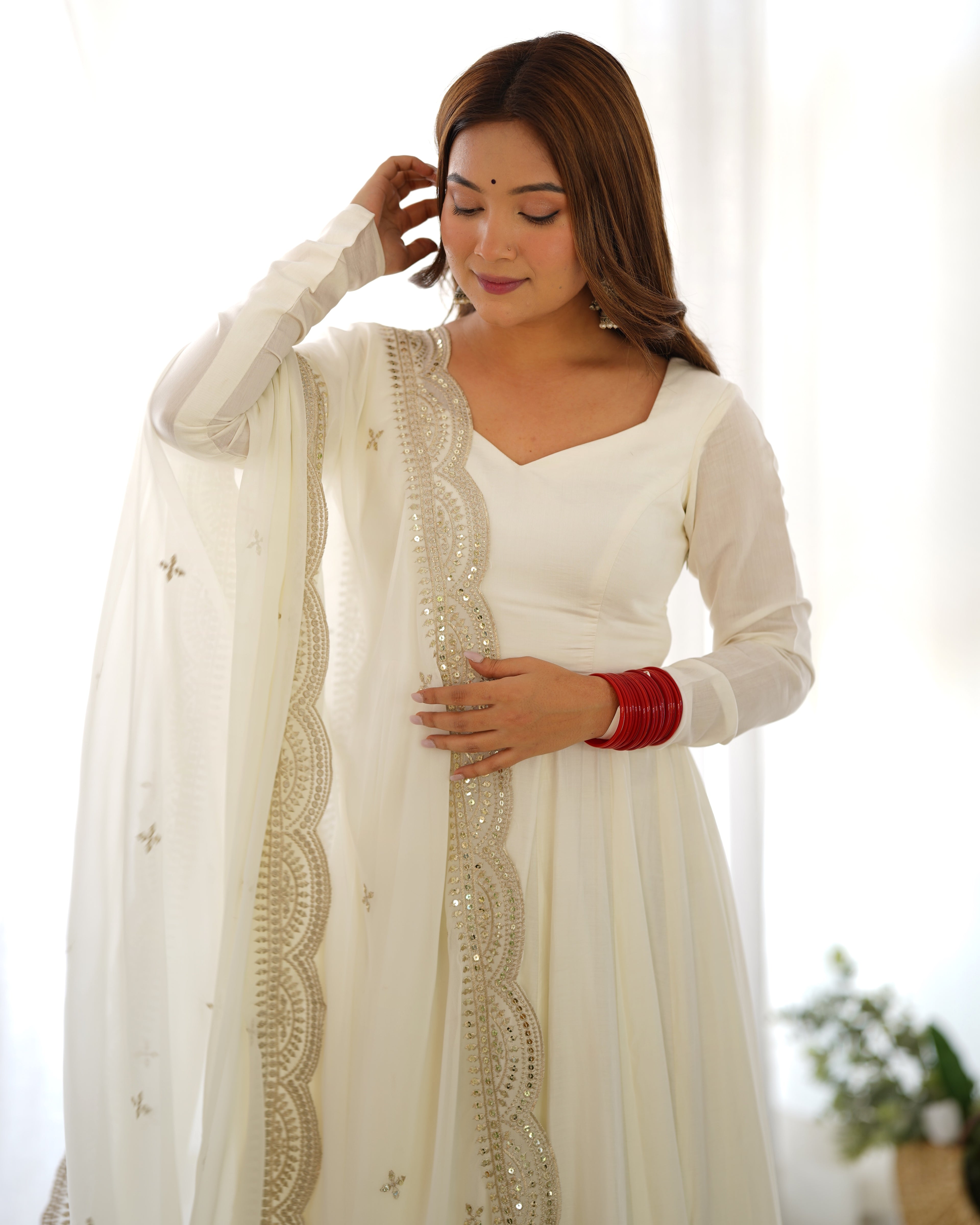 Snow White Luxury Ethnic Outfit with Elegant Flowy Silhouette and Dupatta