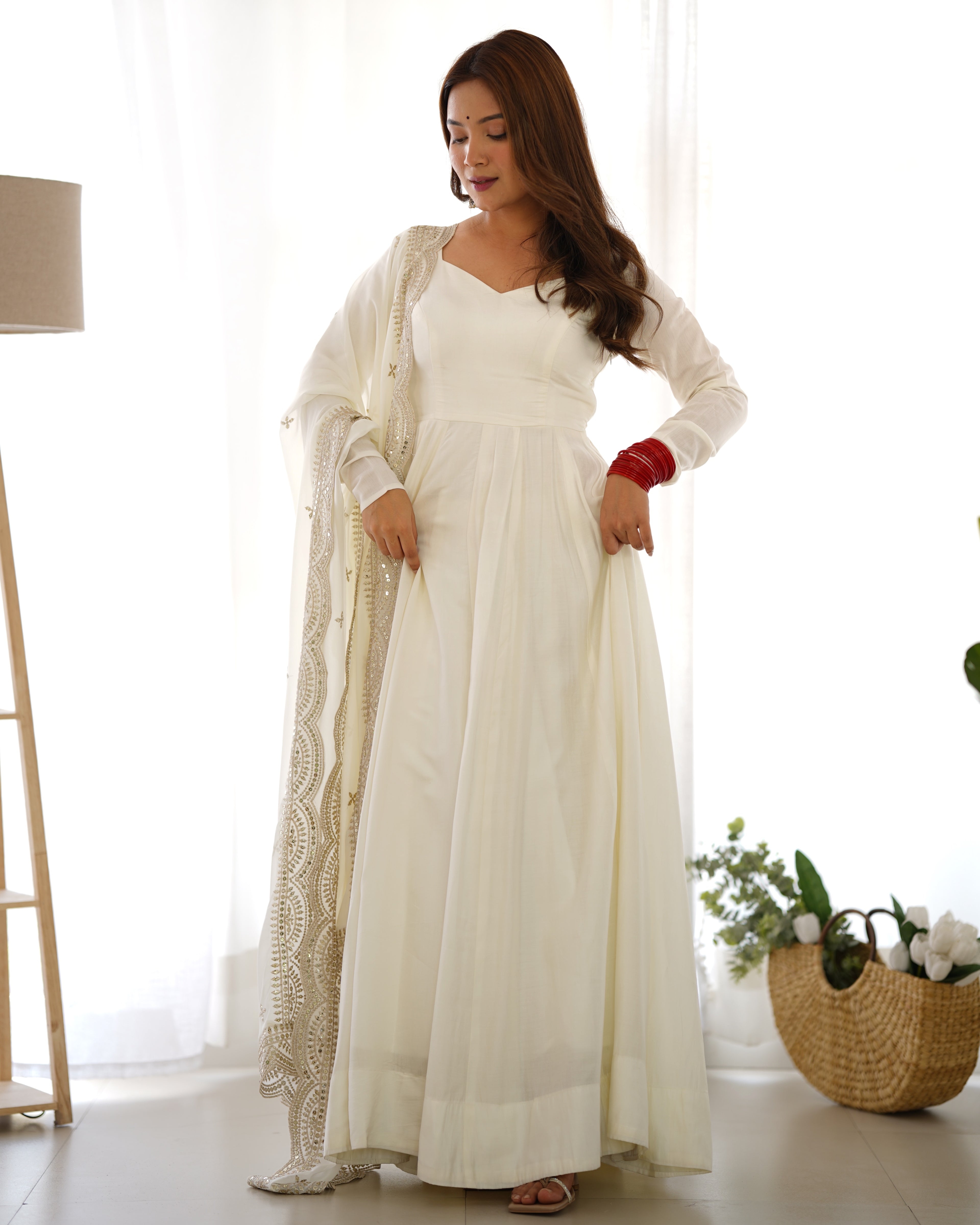 Snow White Luxury Ethnic Outfit with Elegant Flowy Silhouette and Dupatta
