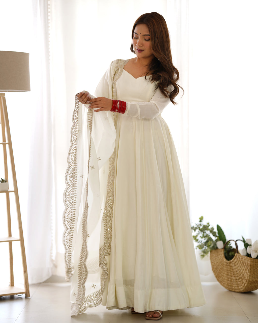 Snow White Luxury Ethnic Outfit with Elegant Flowy Silhouette and Dupatta