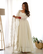 Snow White Luxury Ethnic Outfit with Elegant Flowy Silhouette and Dupatta