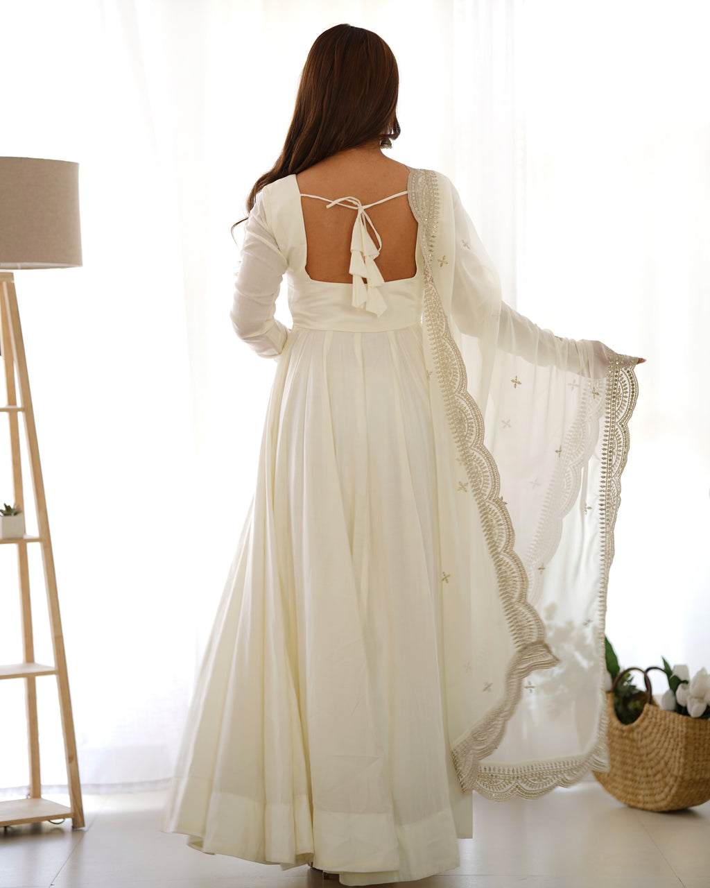 Snow White Luxury Ethnic Outfit with Elegant Flowy Silhouette and Dupatta