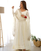 Snow White Luxury Ethnic Outfit with Elegant Flowy Silhouette and Dupatta