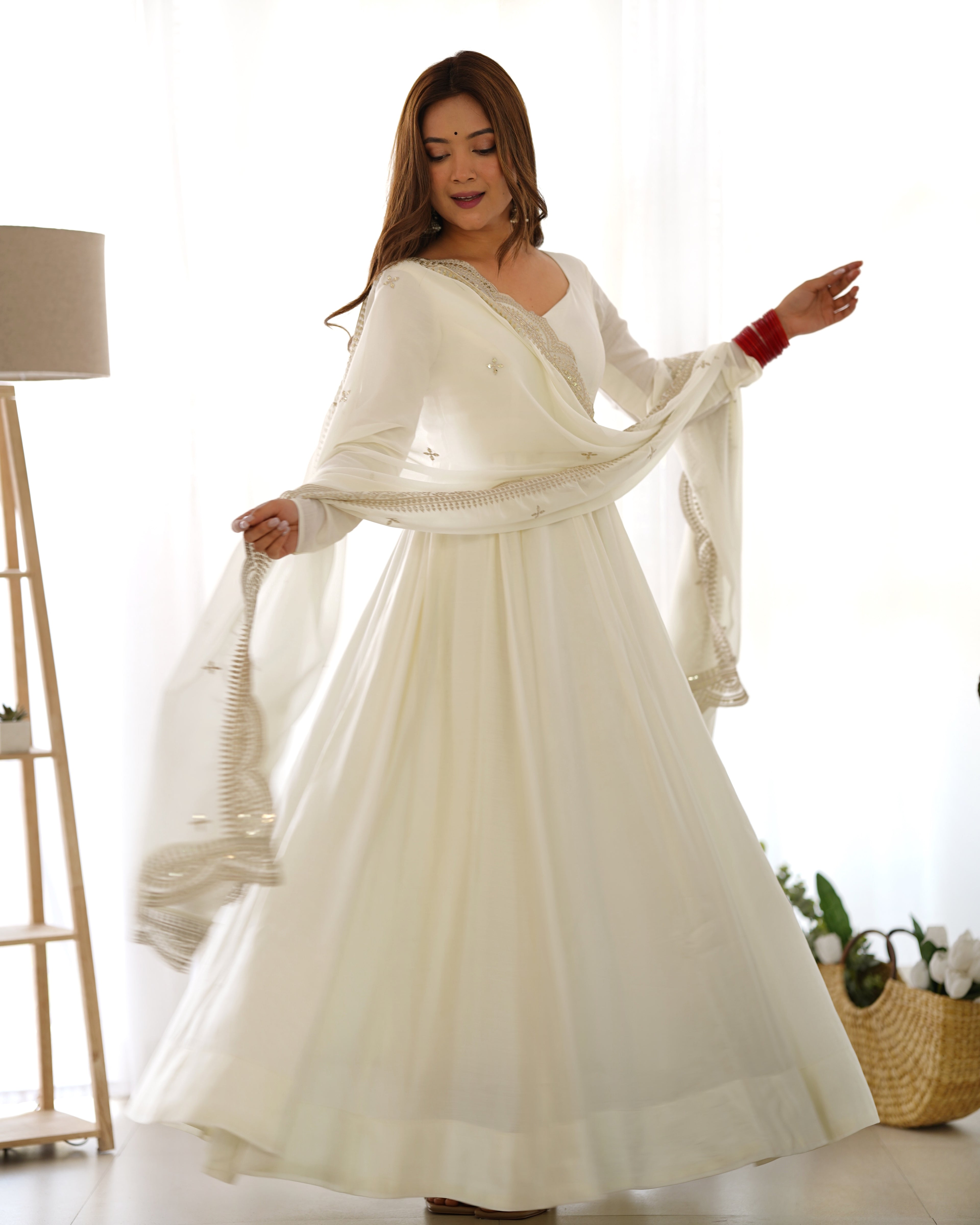 Snow White Luxury Ethnic Outfit with Elegant Flowy Silhouette and Dupatta