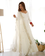 Snow White Luxury Ethnic Outfit with Elegant Flowy Silhouette and Dupatta
