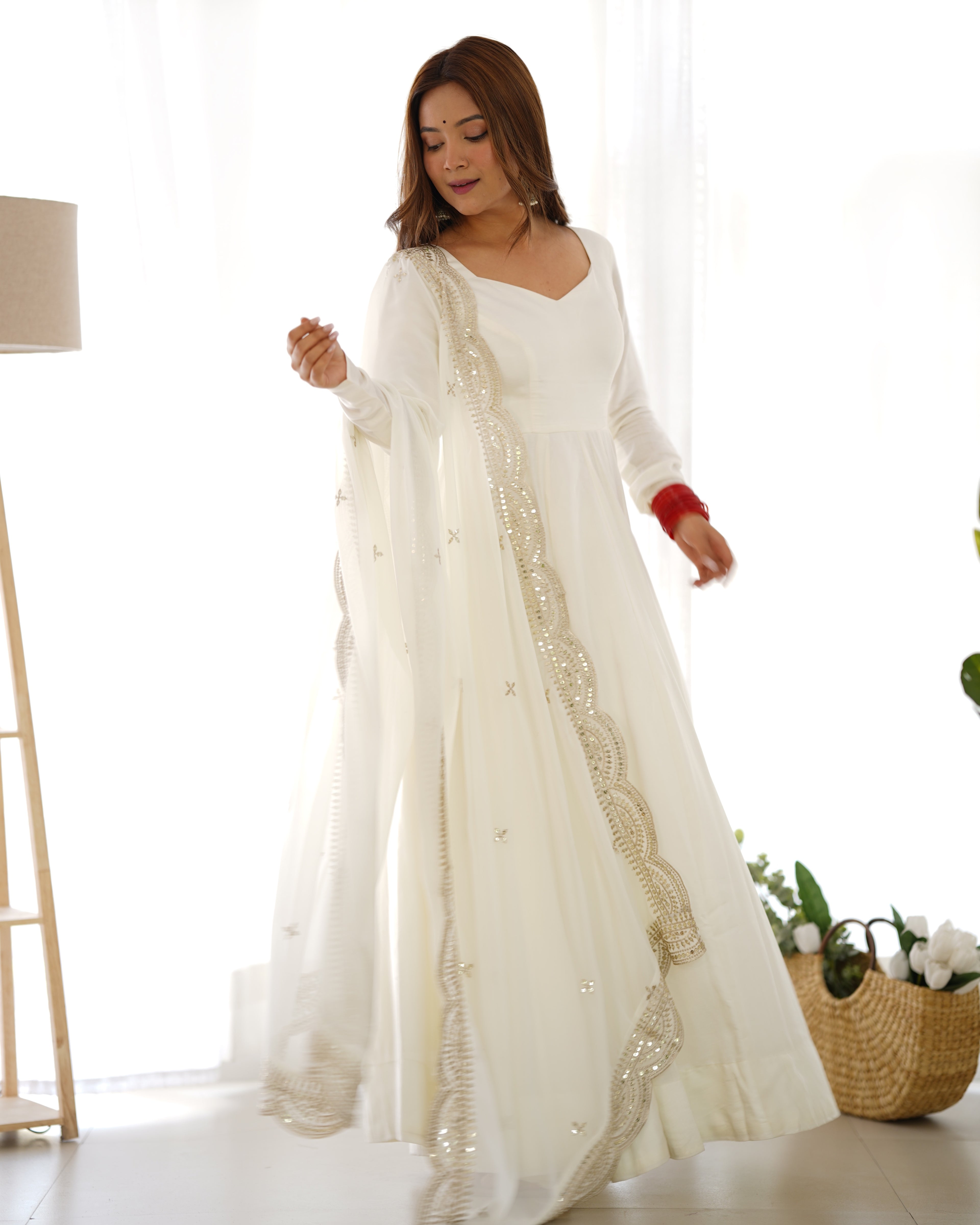 Snow White Luxury Ethnic Outfit with Elegant Flowy Silhouette and Dupatta