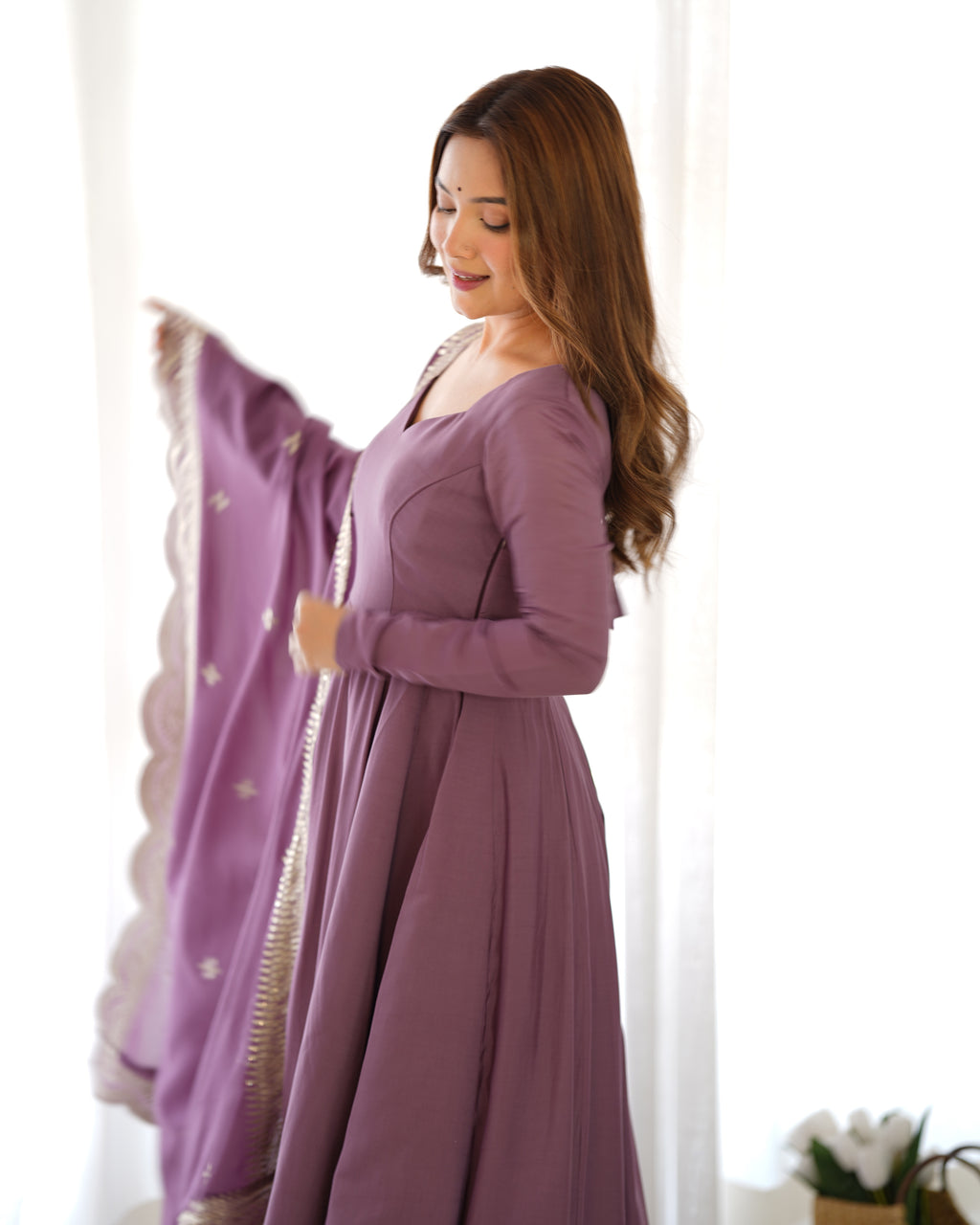 Lavender Glow Designer Full Flare Ethnic Gown with Elegant Embroidered Dupatta