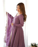 Lavender Glow Designer Full Flare Ethnic Gown with Elegant Embroidered Dupatta
