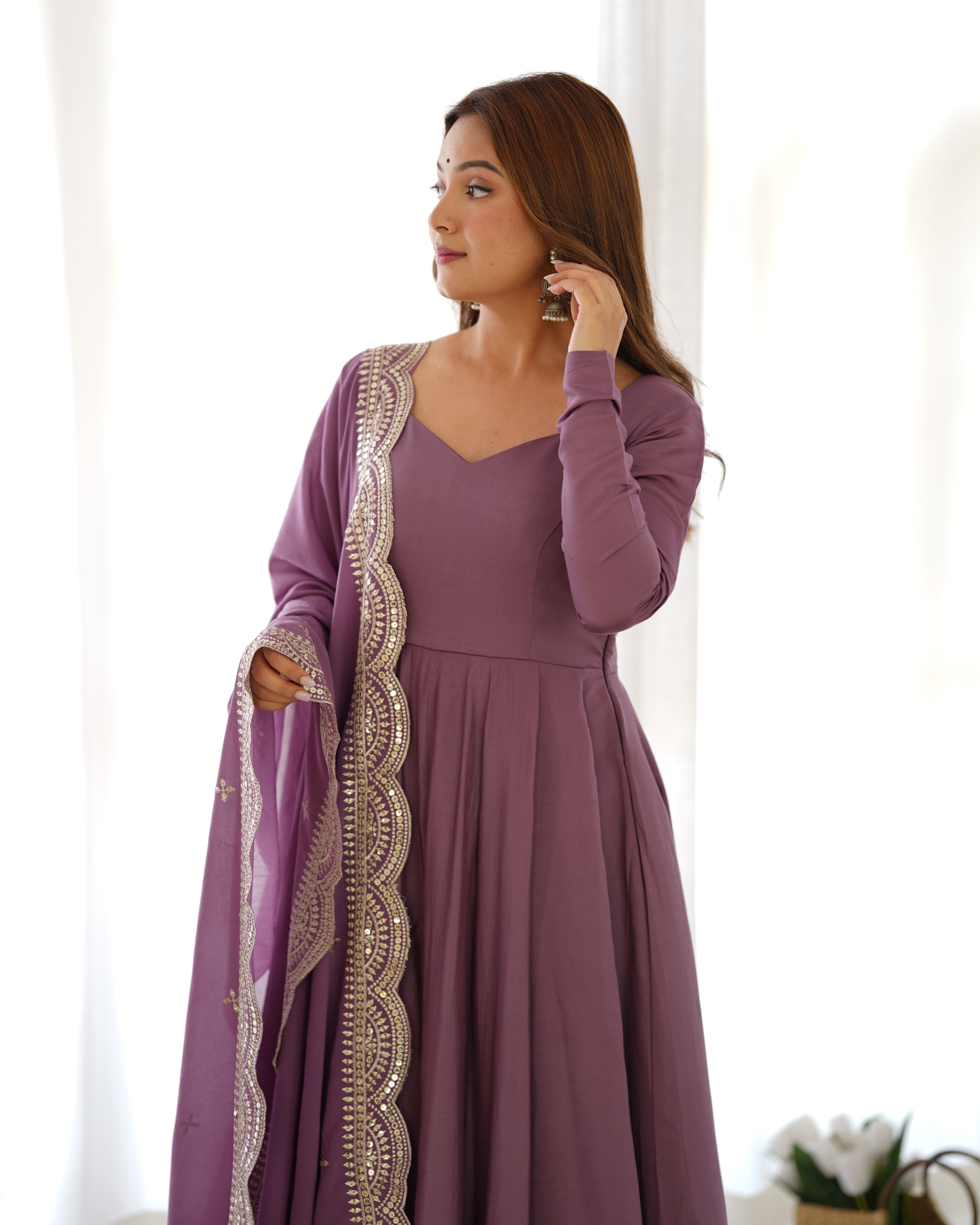 Lavender Glow Designer Full Flare Ethnic Gown with Elegant Embroidered Dupatta