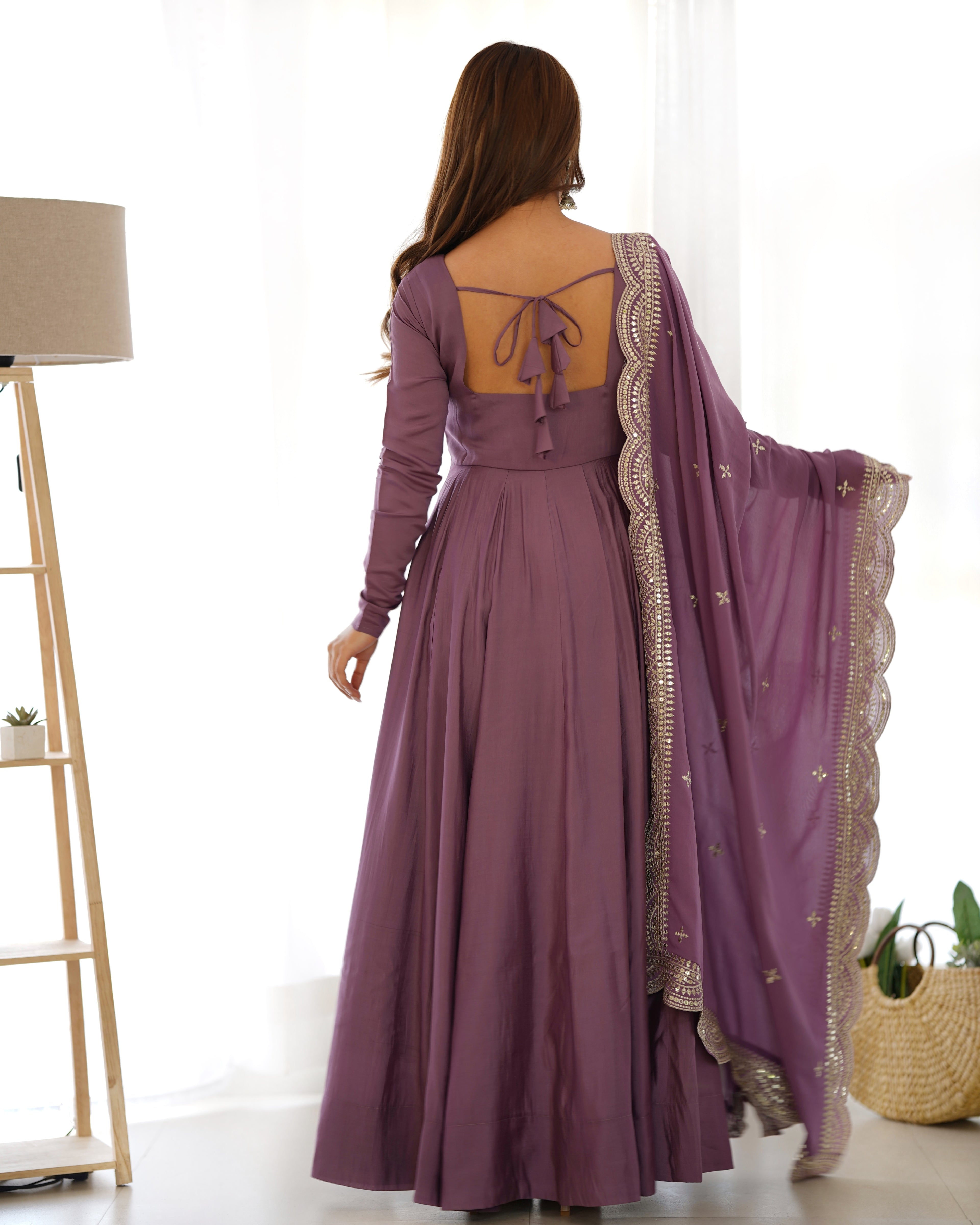 Lavender Glow Designer Full Flare Ethnic Gown with Elegant Embroidered Dupatta