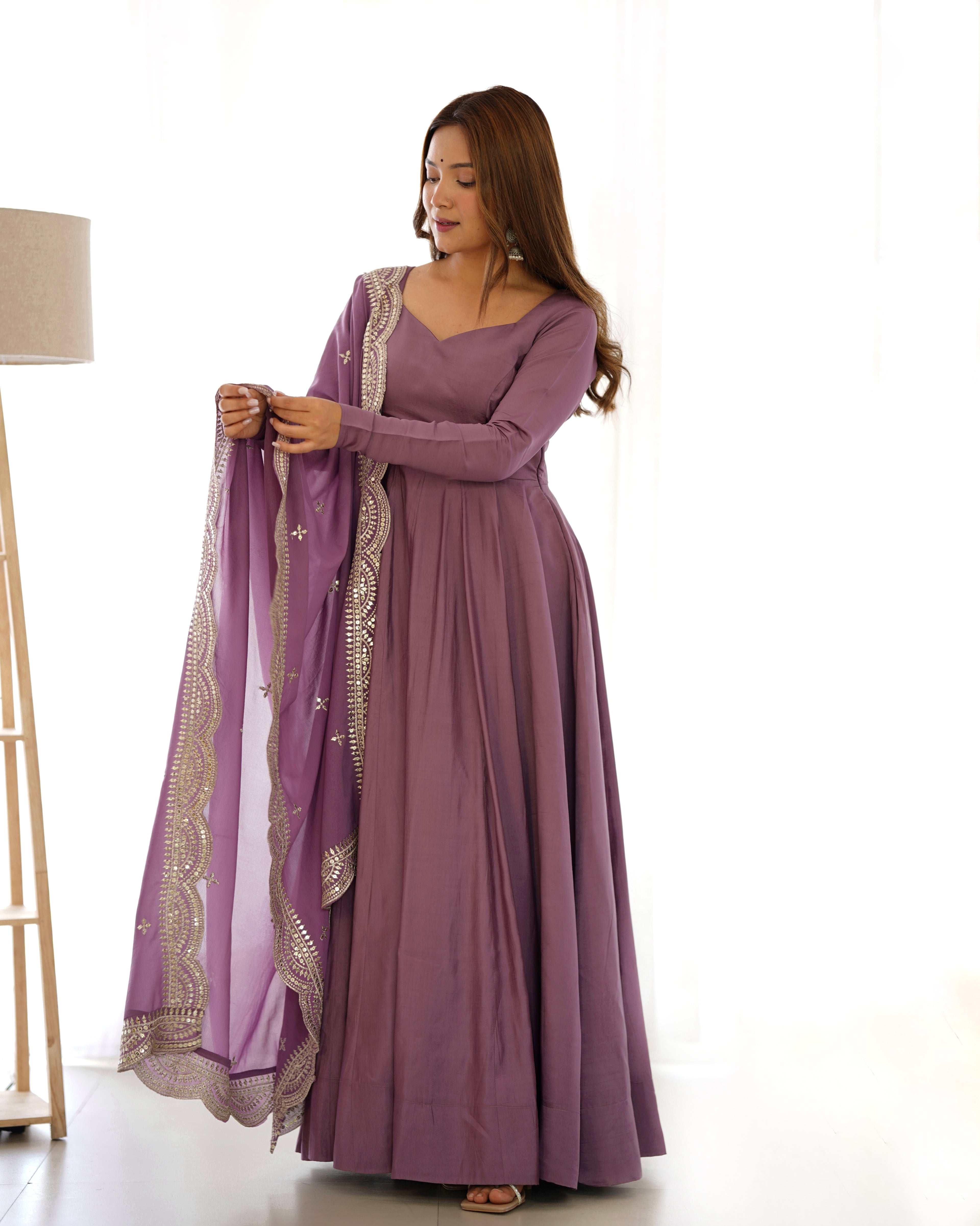 Lavender Glow Designer Full Flare Ethnic Gown with Elegant Embroidered Dupatta