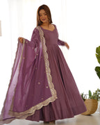 Lavender Glow Designer Full Flare Ethnic Gown with Elegant Embroidered Dupatta