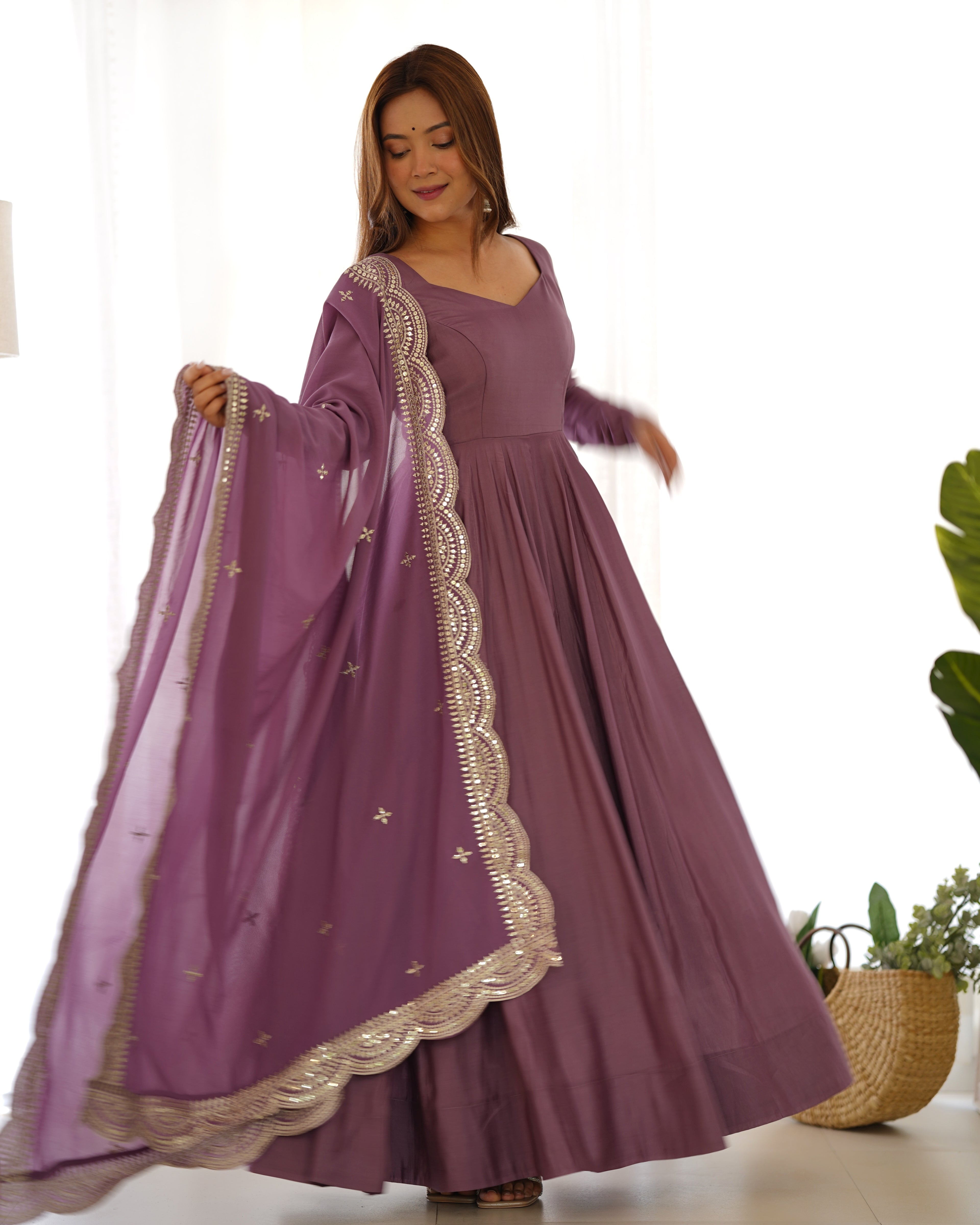 Lavender Glow Designer Full Flare Ethnic Gown with Elegant Embroidered Dupatta