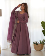Lavender Glow Designer Full Flare Ethnic Gown with Elegant Embroidered Dupatta