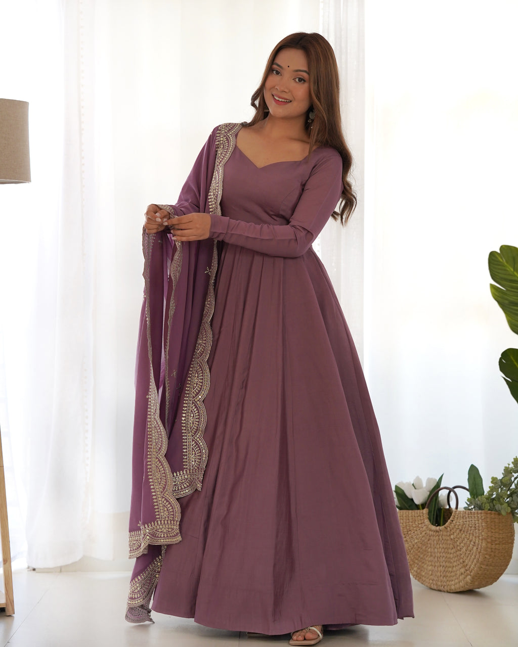 Lavender Glow Designer Full Flare Ethnic Gown with Elegant Embroidered Dupatta