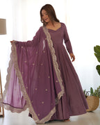 Lavender Glow Designer Full Flare Ethnic Gown with Elegant Embroidered Dupatta