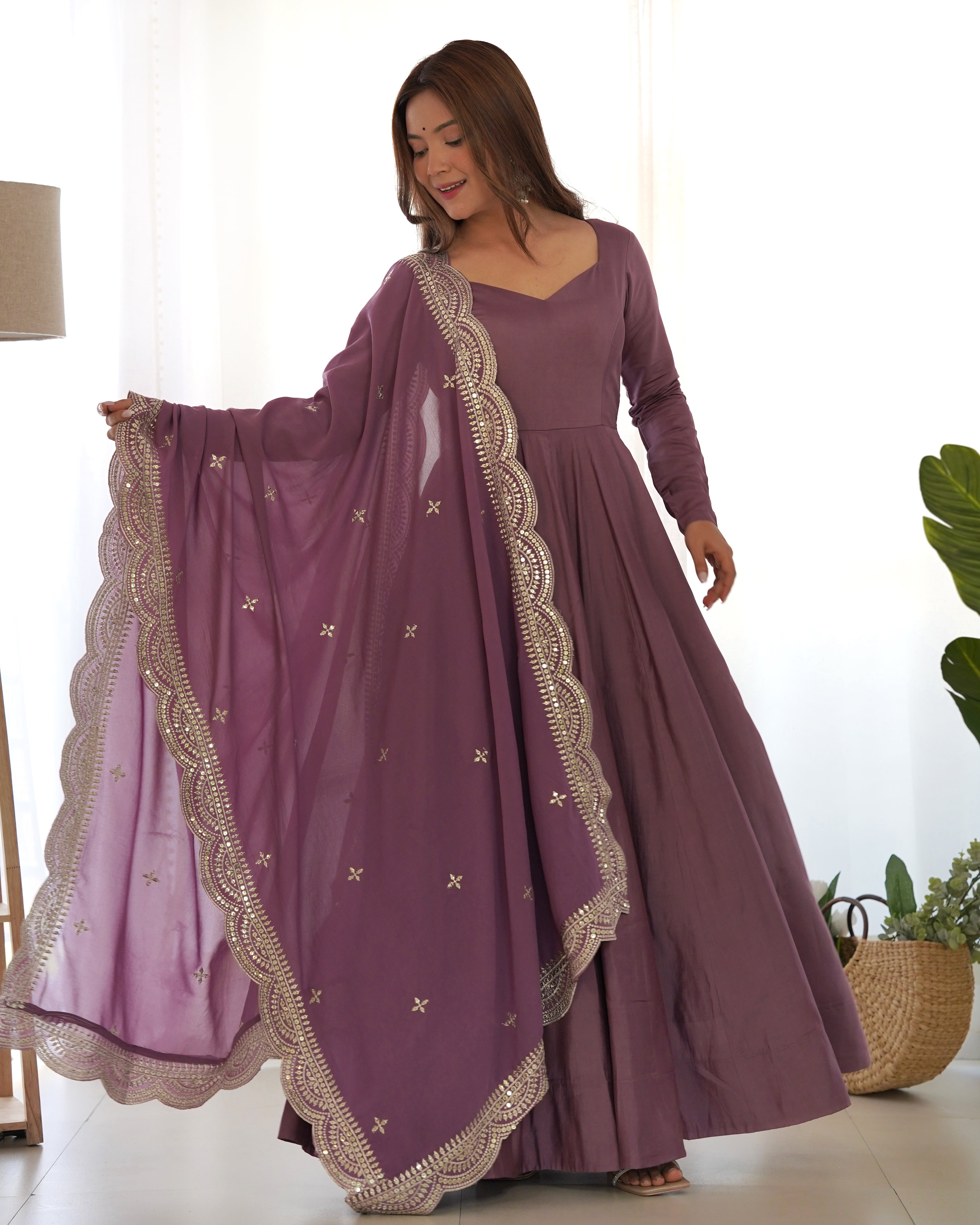Lavender Glow Designer Full Flare Ethnic Gown with Elegant Embroidered Dupatta