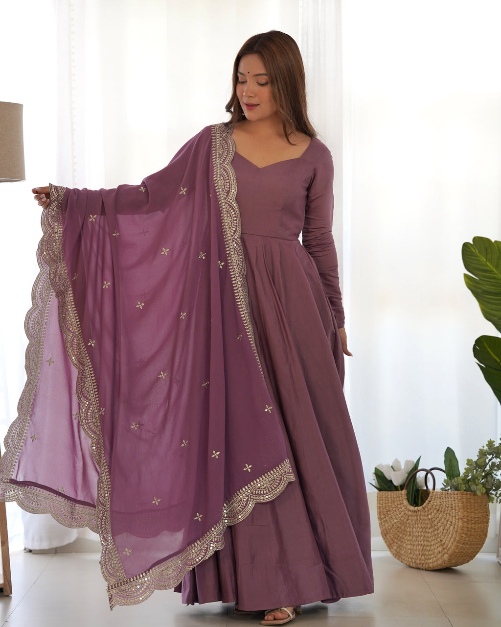 Lavender Glow Designer Full Flare Ethnic Gown with Elegant Embroidered Dupatta
