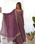 Lavender Glow Designer Full Flare Ethnic Gown with Elegant Embroidered Dupatta