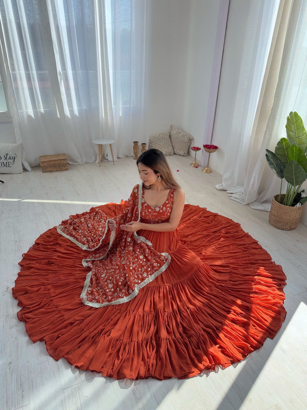 Rust Orange Embroidered Anarkali Gown with Tiered Skirt and Matching Dupatta