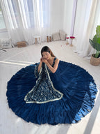 Navy Blue Embroidered Anarkali Kurta set with Tiered Skirt and Matching Dupatta