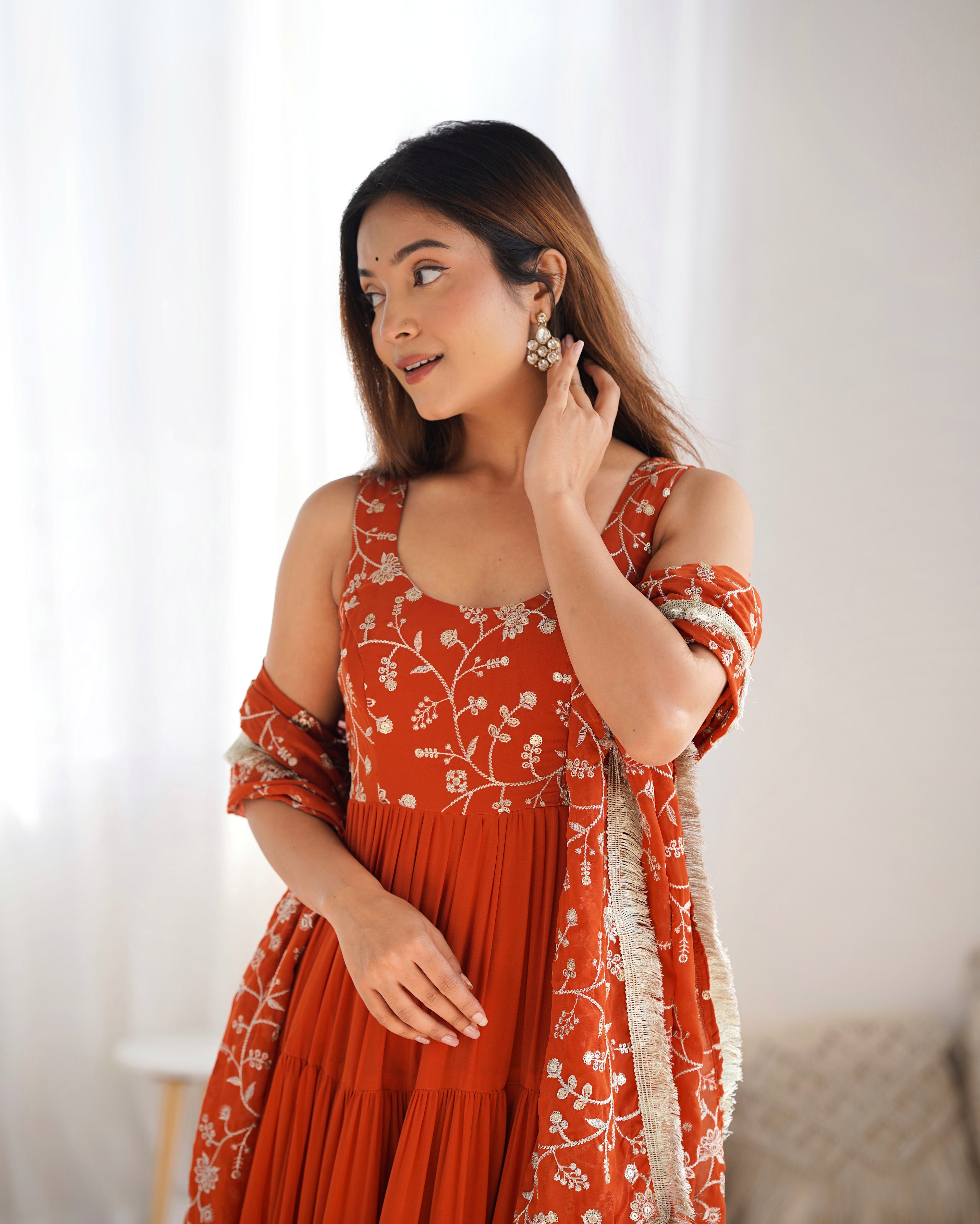 Rust Orange Embroidered Anarkali Gown with Tiered Skirt and Matching Dupatta